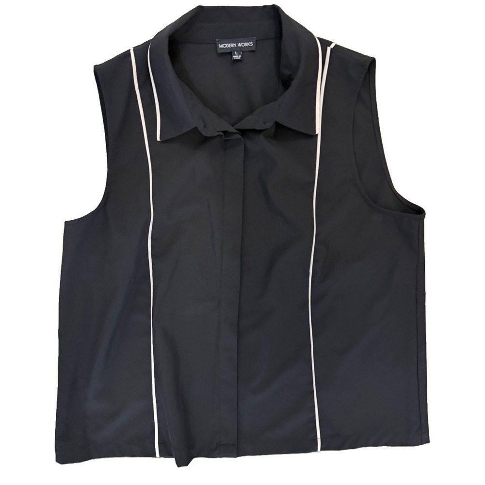 Modern Works Womens Large Black White Piping Sleeveless Button Blouse Collared